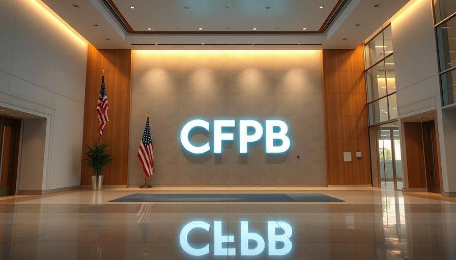 Consumer Financial Protection Bureau logo in modern office lobby