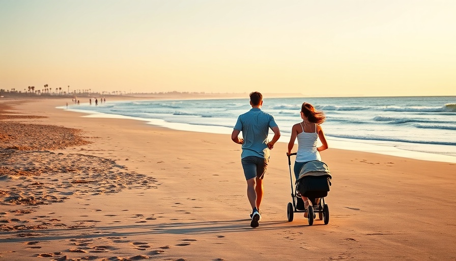 Couple jogging on Long Beach at sunset, family lifestyle.