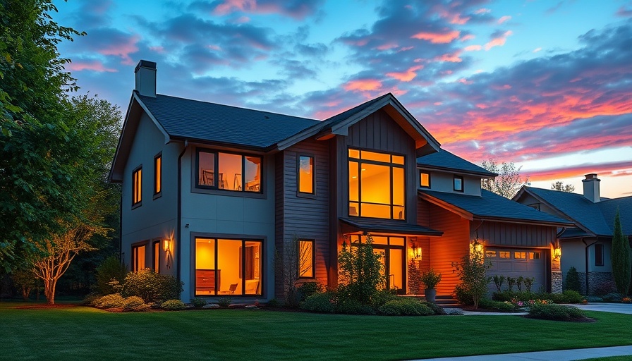 Modern home with large windows at dusk.