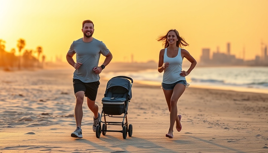 Couple jogging with stroller on Long Beach at sunrise.