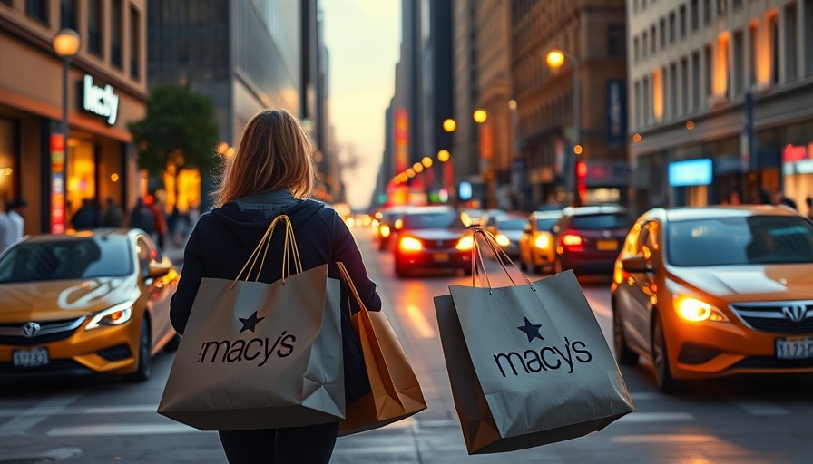 Shopper with Macy's bags walking on street at night, US consumer gloom stagflation fears.