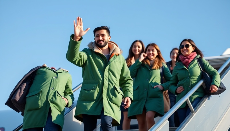 Two people in winter coats on airplane stairs, one waving, US control of Greenland.