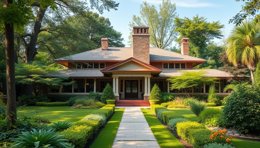 Frank Lloyd Wright house with vibrant garden and lush greenery