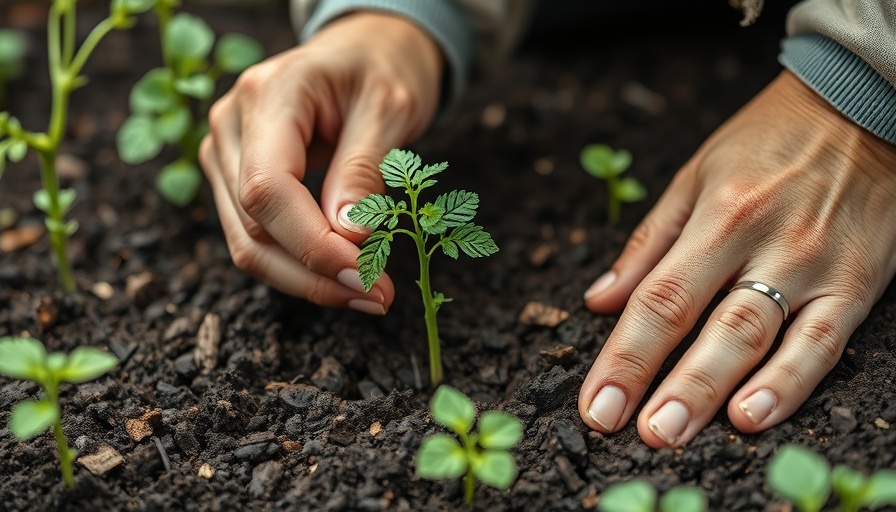 Hands planting tomato seedling at Marin sale in garden.