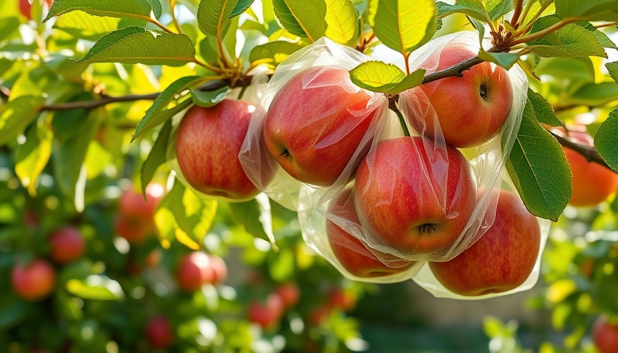Apples on a tree with protective bags against codling moths.