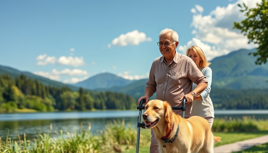 Rollator walkers benefits: Elderly man walking with rollator by the lake.