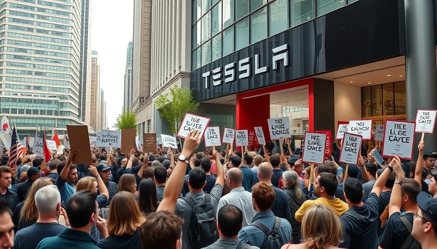 Protest outside Tesla store with large crowd and signs.