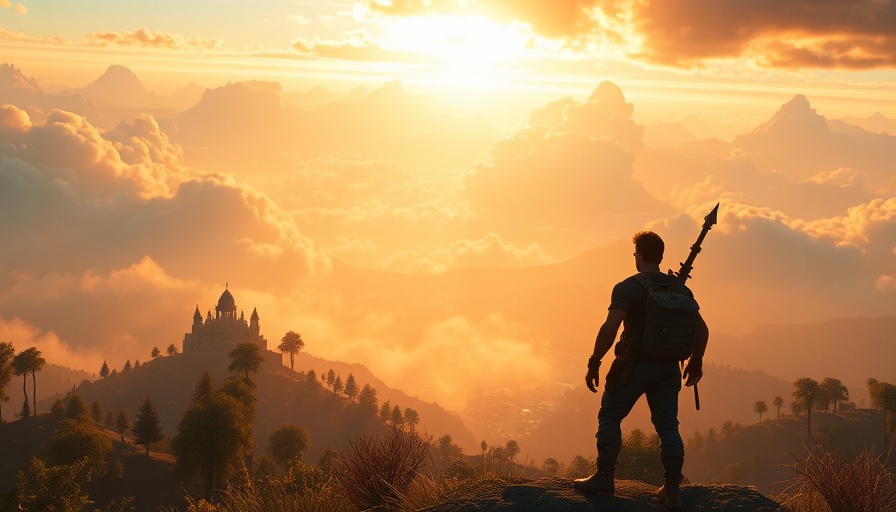Adventurer overlooking vast skies and floating islands at sunset, Legend of Zelda movie release date.