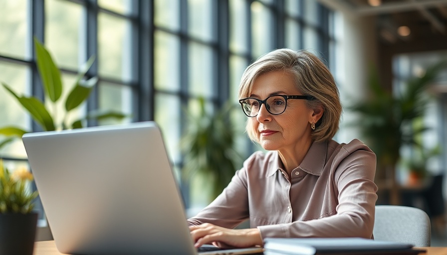 Mature woman in office working on laptop, menopause penalty concept.
