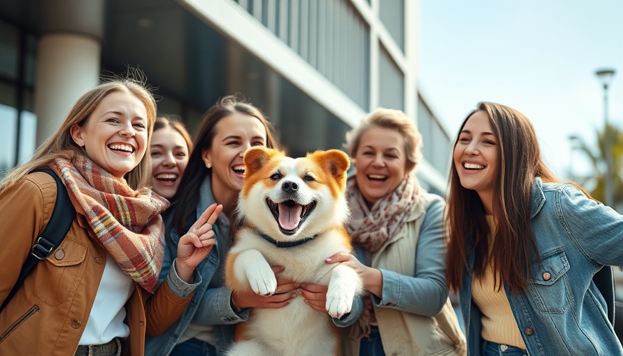 Group of people celebrating with a dog outdoors, lively scene