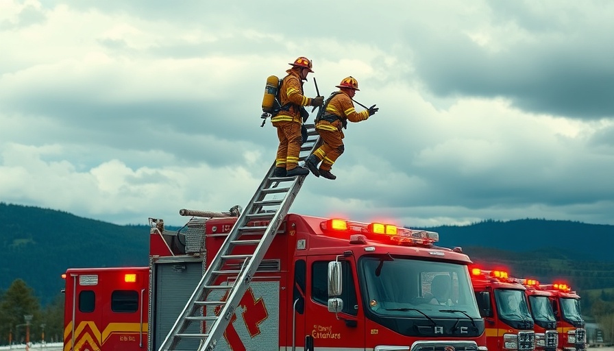 Marin County firefighters training on ladder above trucks
