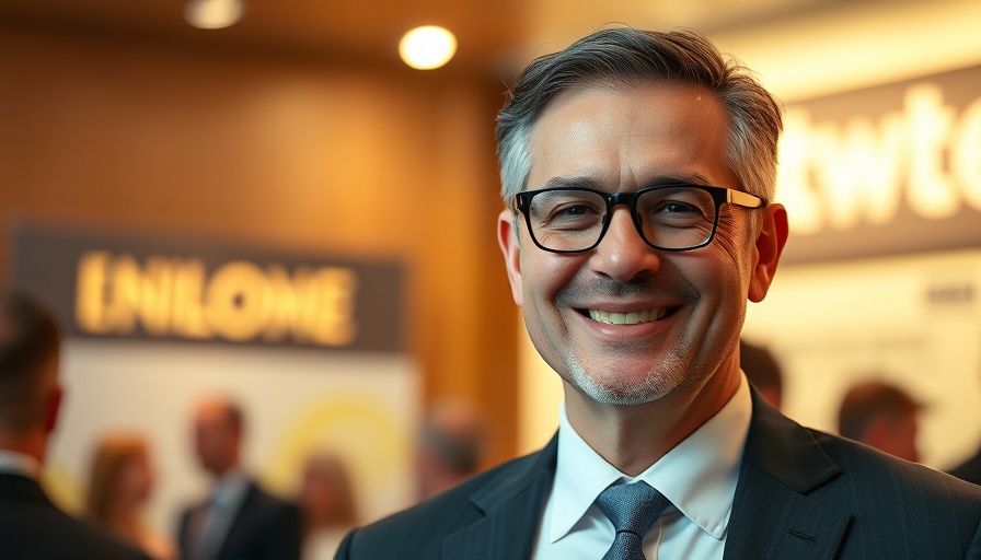 Man smiling at formal event, background with blurred text.