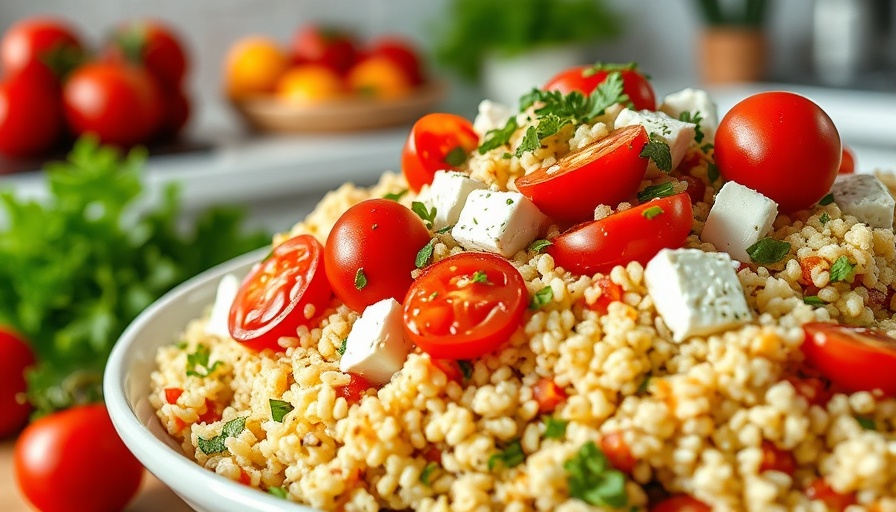 Vibrant couscous salad recipe with tomatoes and feta cheese.