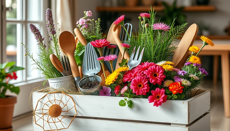 Bloom Basket gift for gardeners with flowers and tools in a white basket.