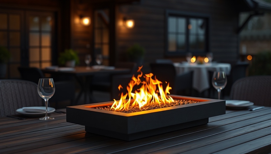 Modern fire pit for backyard on dining table, evening setting.