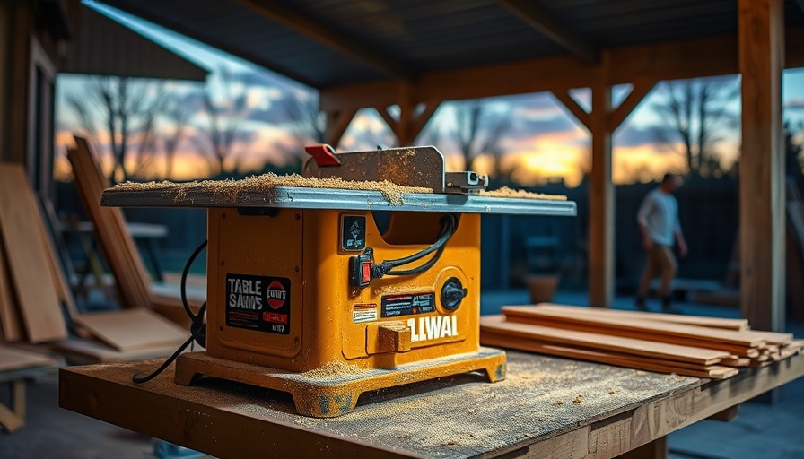Dusty table saw on workbench for DIY walk-in closet tools.