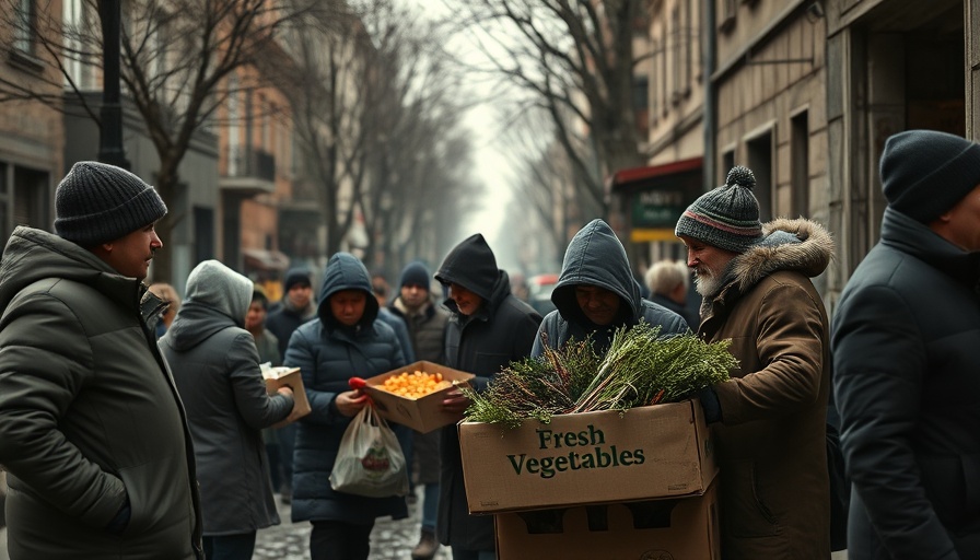 Federal cuts impact food programs: people gather vegetables in urban setting.