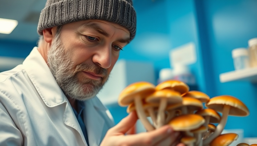 Man examines mushrooms in Colorado lab, psychedelic mushrooms experiment.