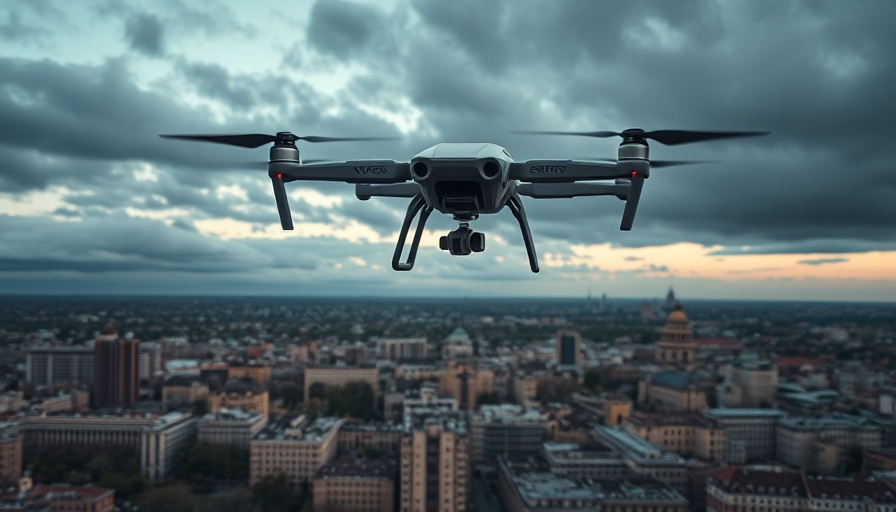 Futuristic drone over Ukraine cityscape during attack.