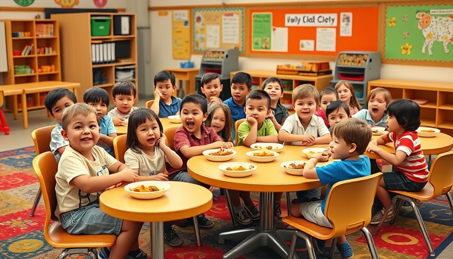 Preschool children in colorful classroom eagerly waiting for lunch, addressing the Western response to Russian drone attacks.