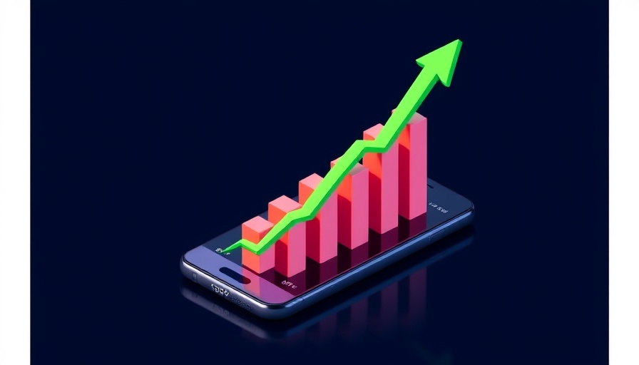 3D bar graphs on smartphone with S&P 500, highlighting economic trends.