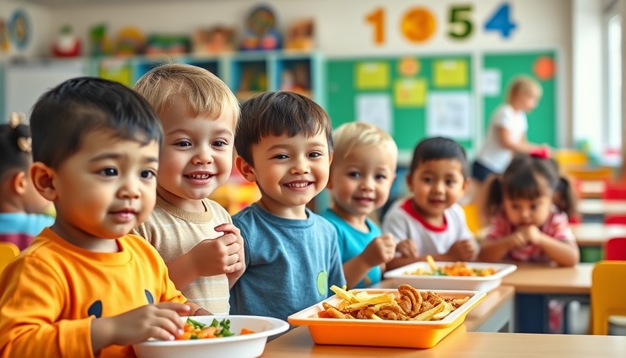 Children in a colorful classroom eagerly awaiting lunch service.
