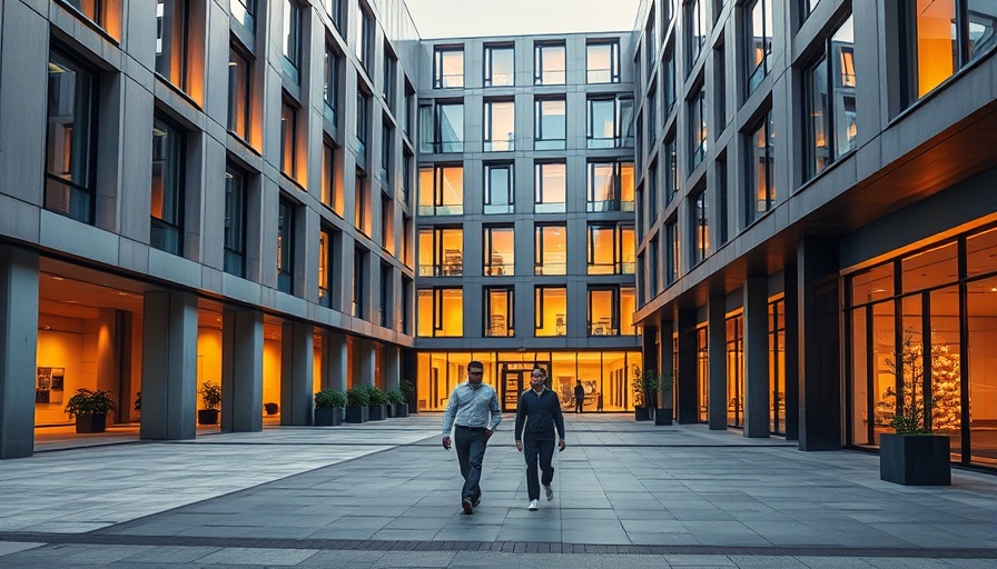 Evening shot of modern courtyard with people walking, related to Trump's diversity ban compliance.