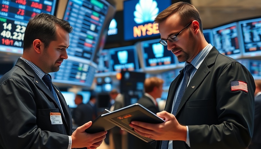 Traders discussing on stock exchange floor with screens and charts.