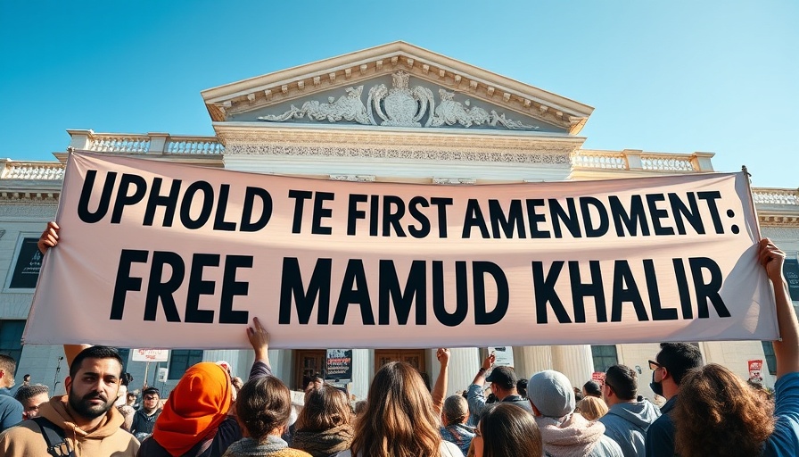 Protesters holding banner in front of building for First Amendment cause.