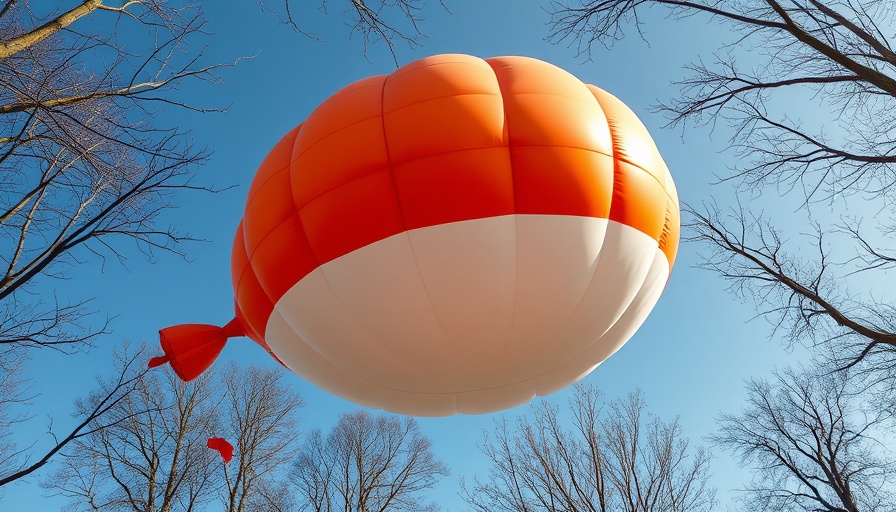 Cartoon inflatable balloon expressing anti-Americanism floating in sky.