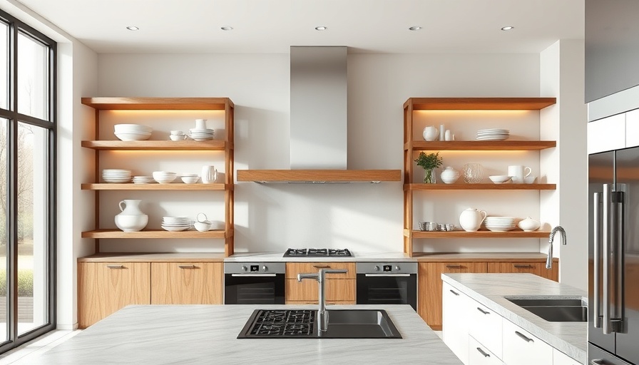 Modern kitchen with open wooden shelves displaying dishes, well-lit.