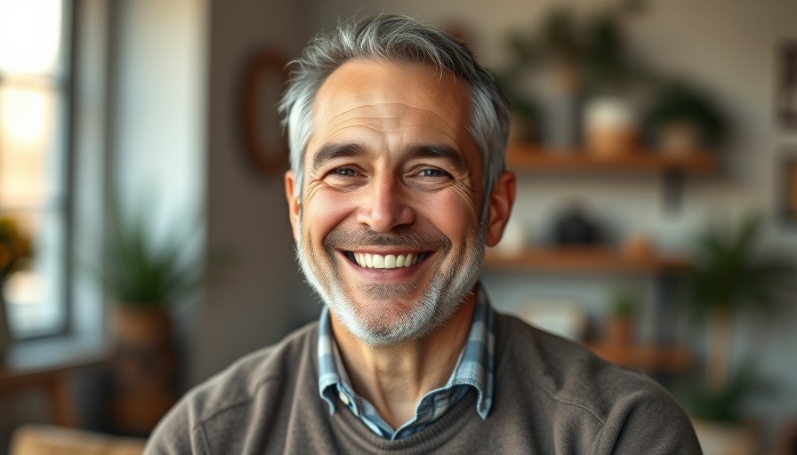 Cheerful man smiling warmly in a cozy indoor setting