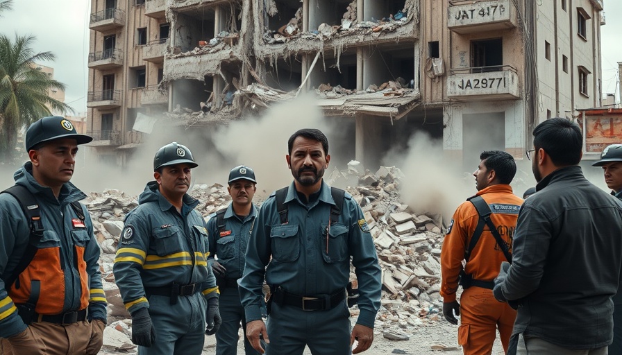 Myanmar earthquake collapse site with rescuers and onlookers.