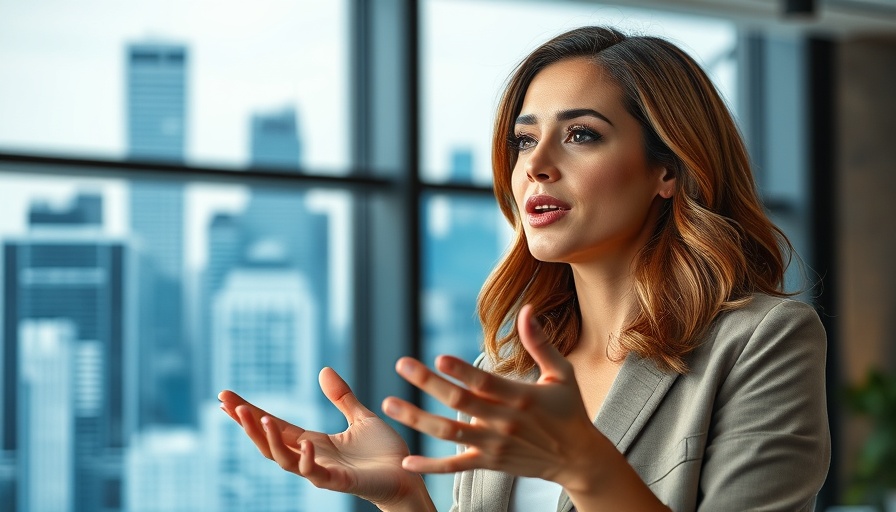 Confident woman discussing judicial independence in business, cityscape backdrop.