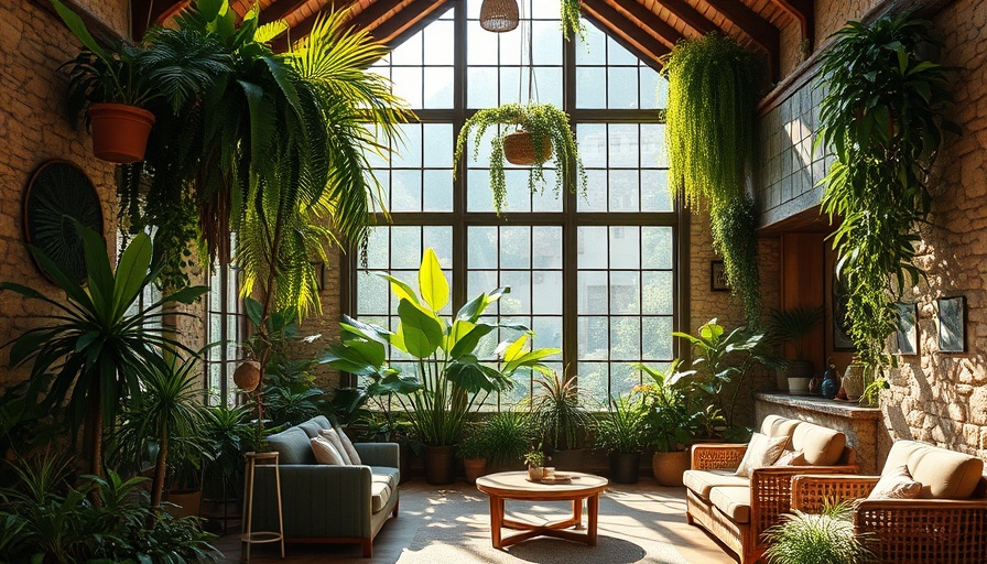 Eclectic natural stone interior with greenery for unique real estate listings.