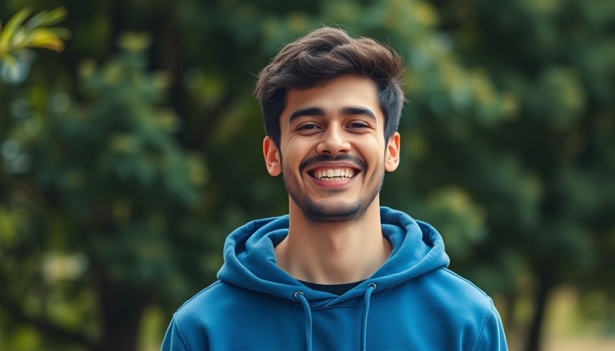 Smiling person in blue hoodie outdoors with green background