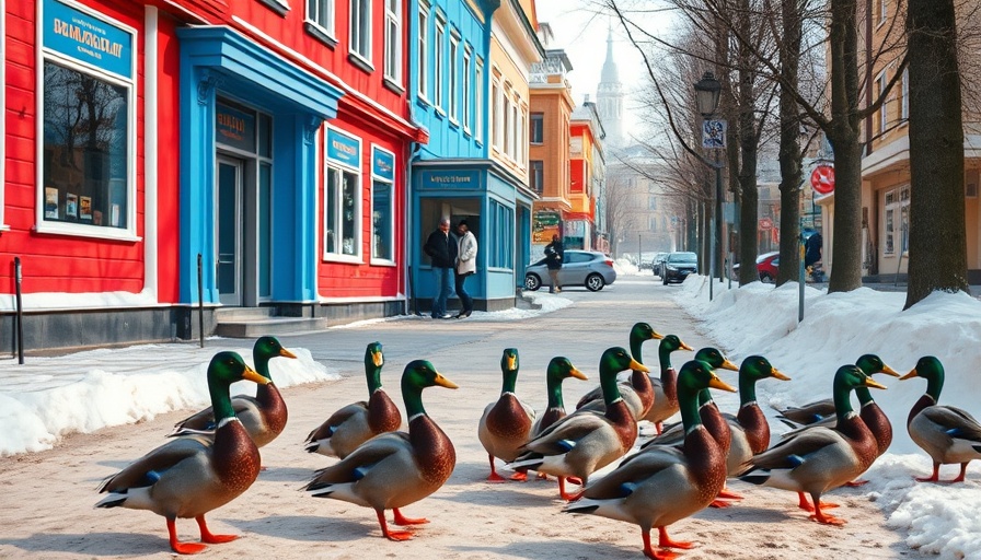Russia war economy rustbelt revival scene with ducks and storefront in winter