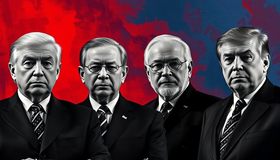 Monochrome image of four influential leaders against colored abstract backdrop.