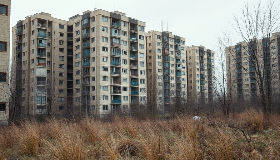Urban decay with overgrown vegetation around empty buildings, China property developers offshore debt recovery challenges.