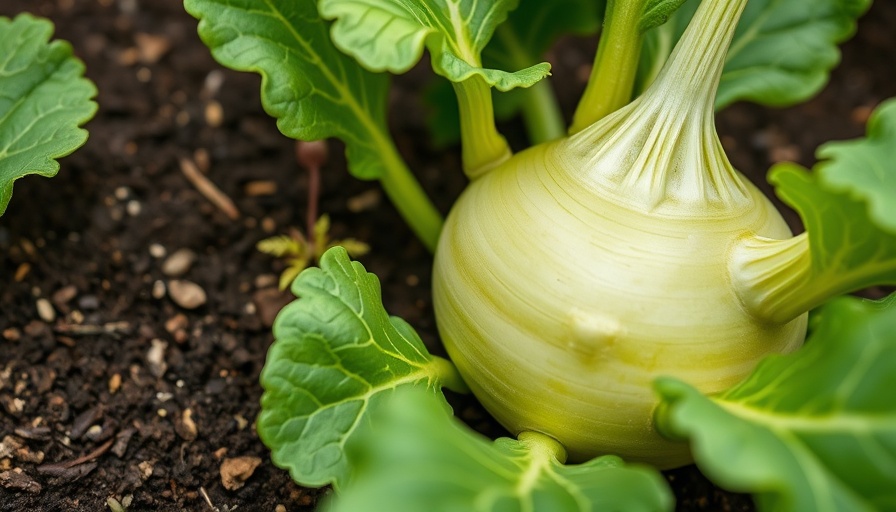 Green kohlrabi growing in garden with well-tilled soil.