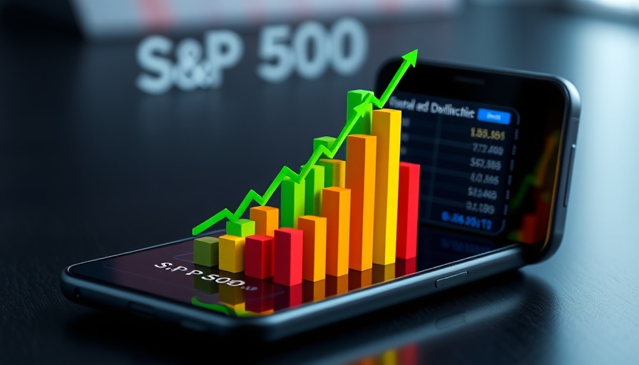 Graphic of S&P 500 bar and line chart on smartphone with investing theme.