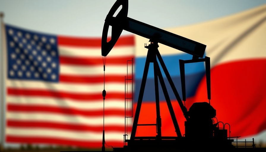 Oil pump jack silhouette with USA and Russia flags.