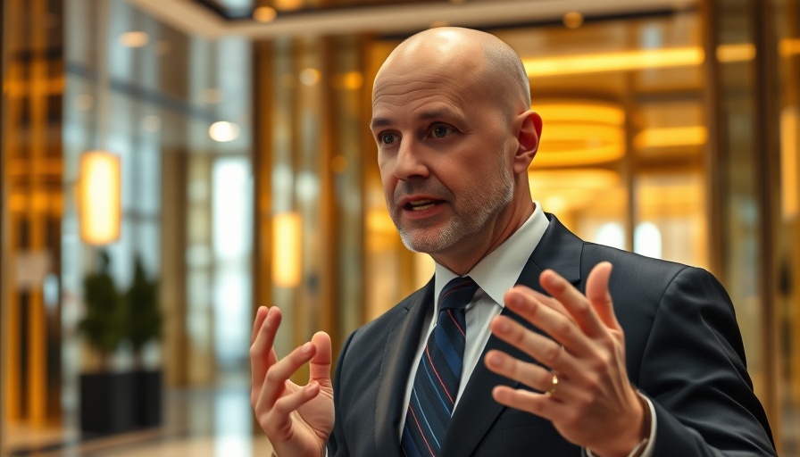 Businessman gestures in elegant building lobby.