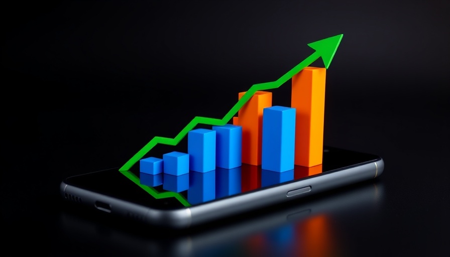 3D bar chart with upward arrow on smartphone, financial growth.