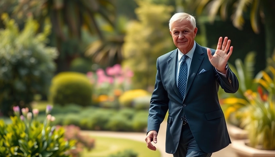 Man in navy suit waving against garden backdrop, related to Trump TikTok sale deadline.