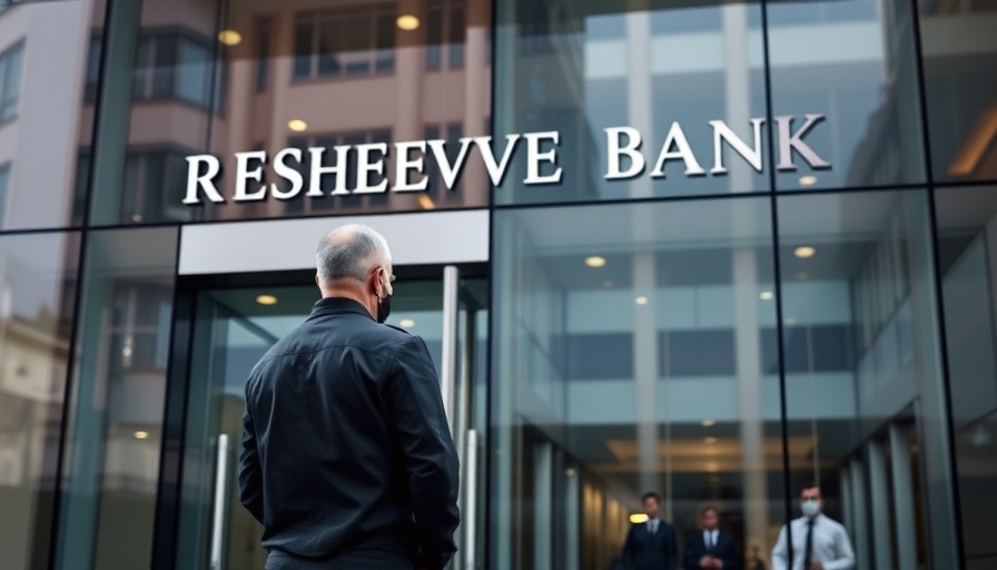 Reserve Bank of New Zealand exterior with security guard, modern scene.