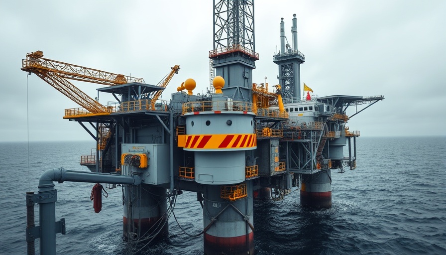 Offshore oil rig under cloudy sky with safety markings.