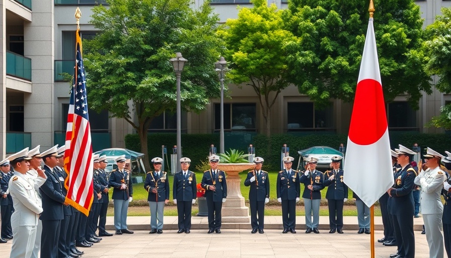 US military presence in Japan ceremony with flags and personnel.