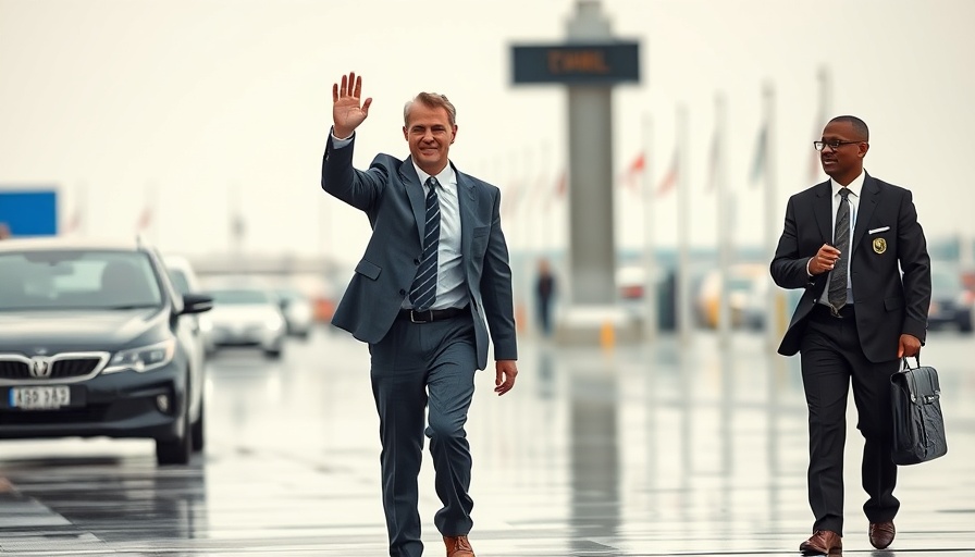 Figure waving with security at airport, symbolizing third term ambitions.