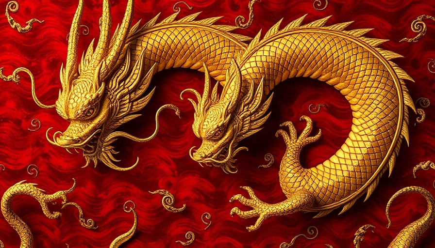 Intricate golden dragon mosaic on a deep red background.